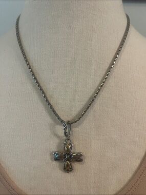 Silver and Gold-tone Cross Pendant Necklace with Black Etching